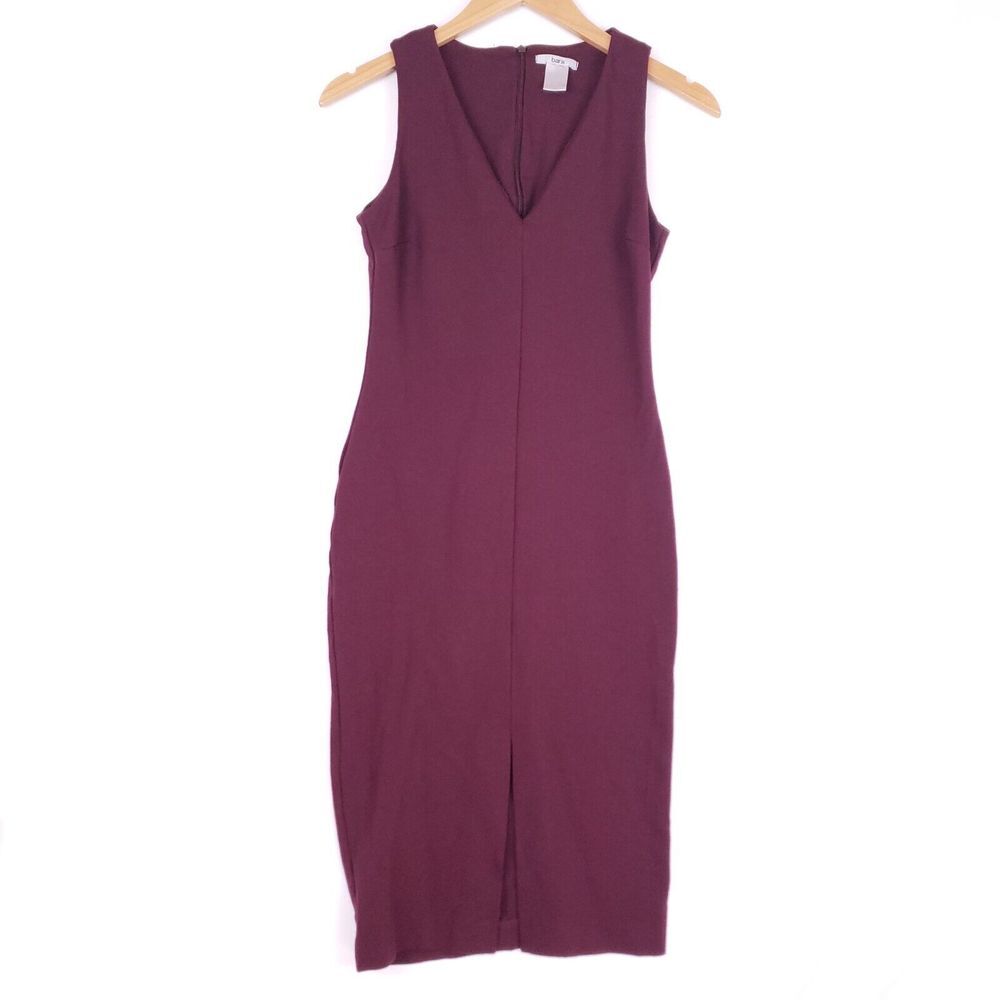 Bar III Sleeveless Sheath Dress Women's XS‎ Burgundy Midi V-Neck Business Chic